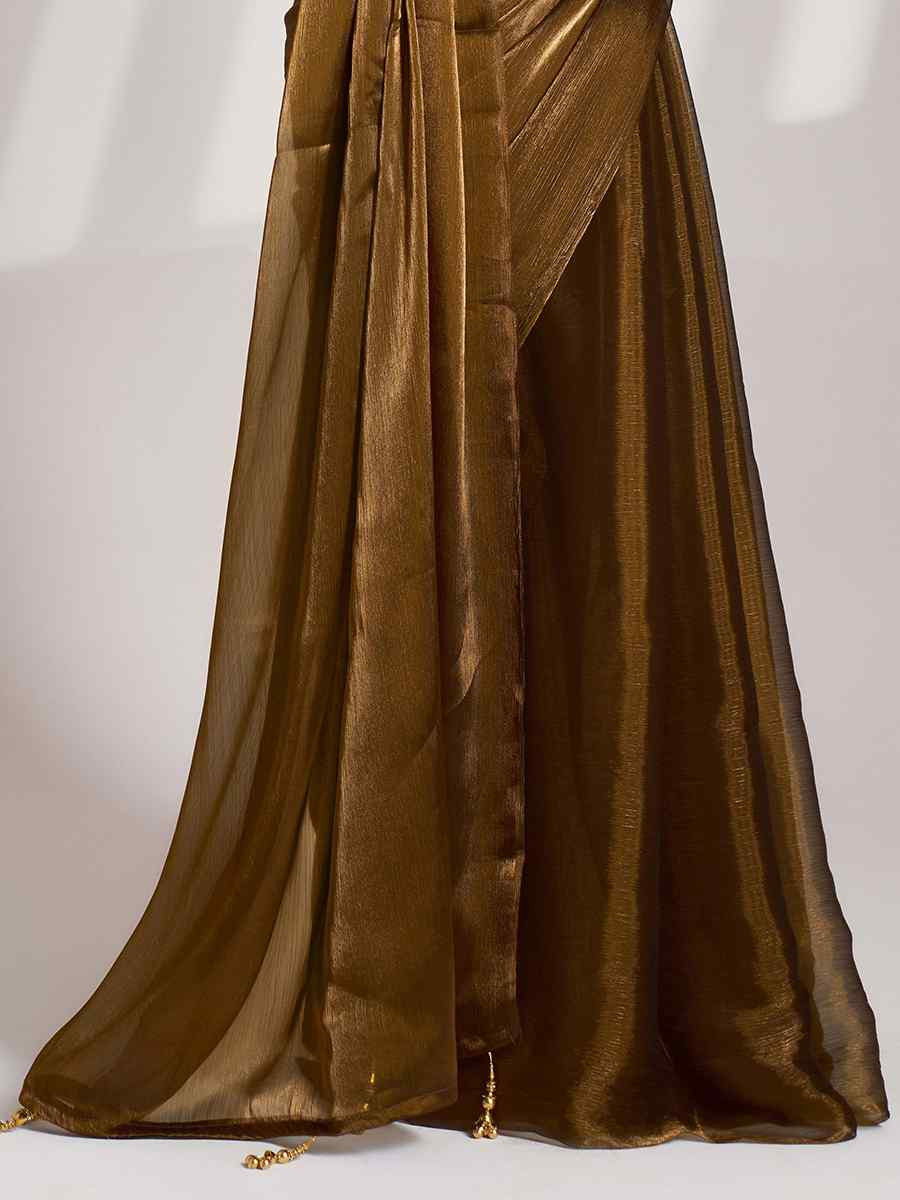 Brown Burberry Organza Solid Casual Festival Classic Style Saree