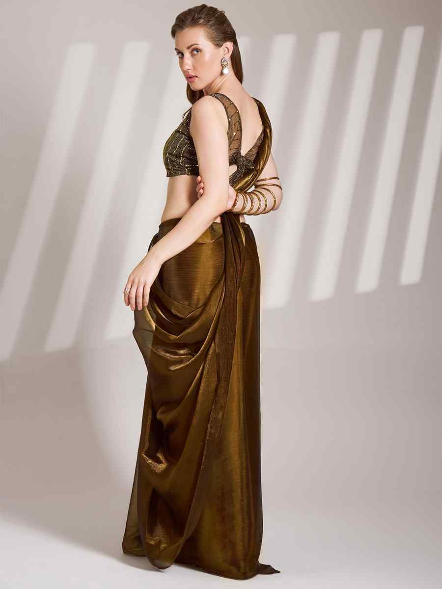 Brown Burberry Organza Solid Casual Festival Classic Style Saree