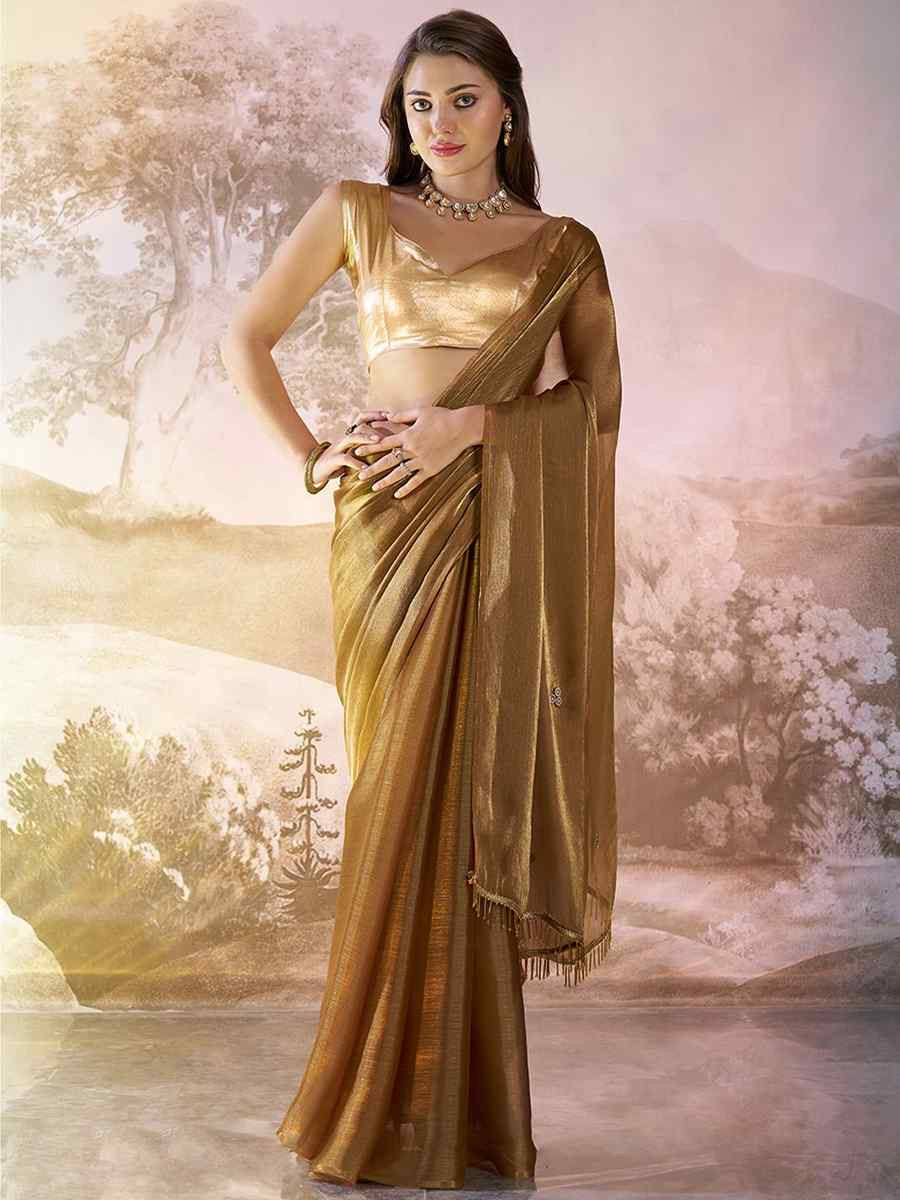 Brown Burberry Organza Solid Casual Festival Classic Style Saree