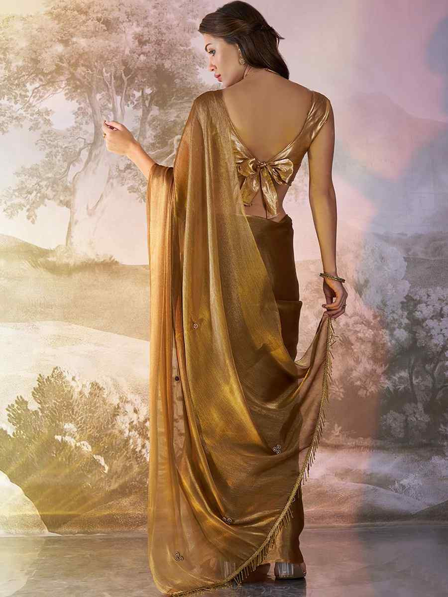 Brown Burberry Organza Solid Casual Festival Classic Style Saree