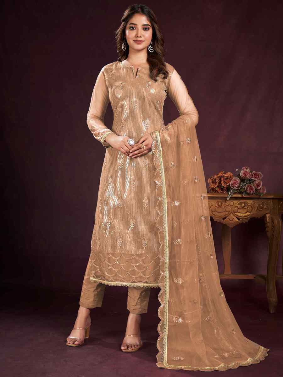 Brown Butterfly Net Embroidered Festival Wedding Pant Salwar Kameez