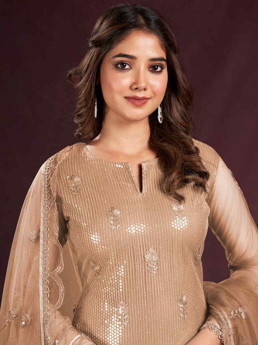 Brown Butterfly Net Embroidered Festival Wedding Pant Salwar Kameez