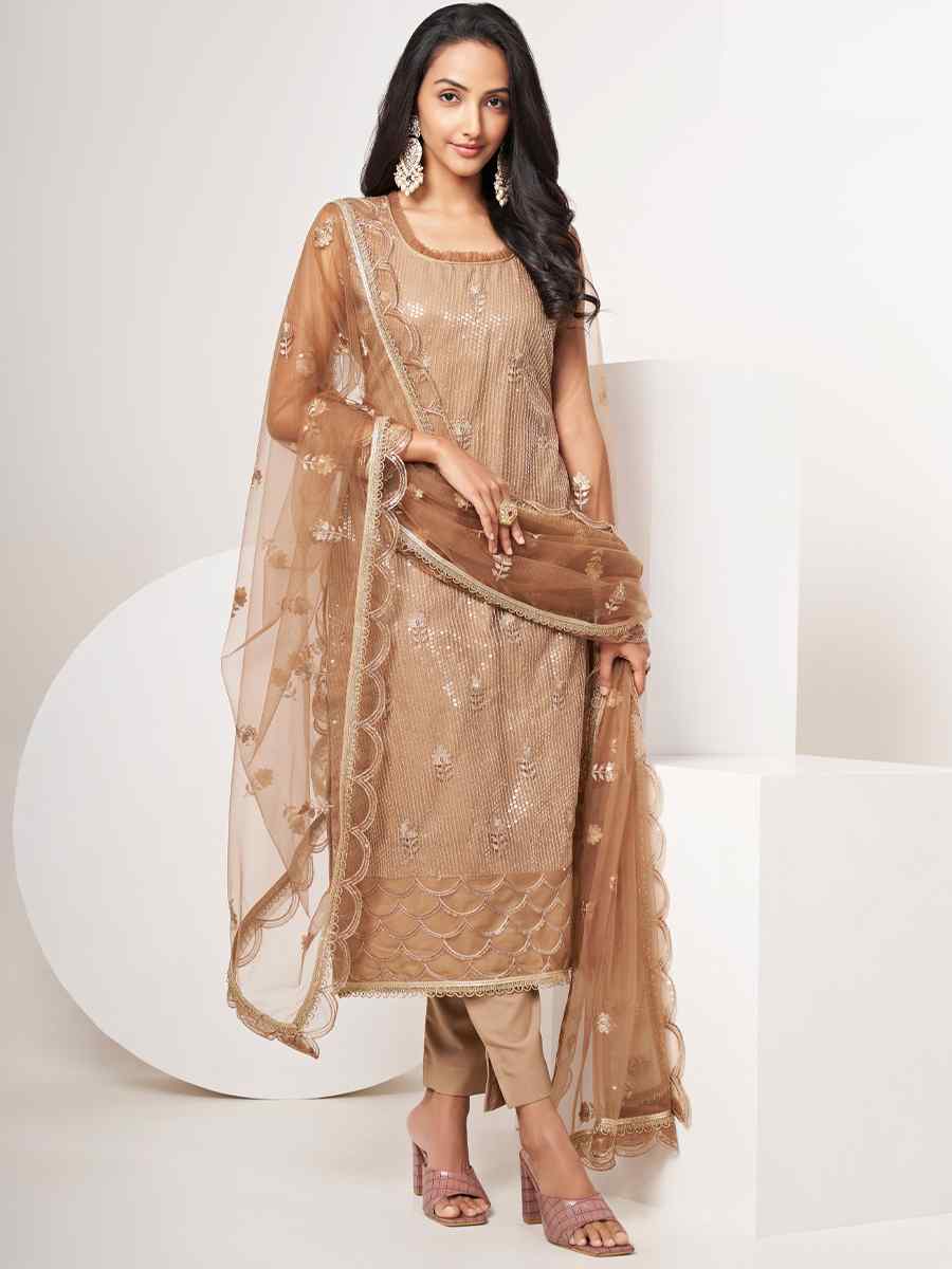 Brown Butterfly Net Embroidered Festival Wedding Pant Salwar Kameez