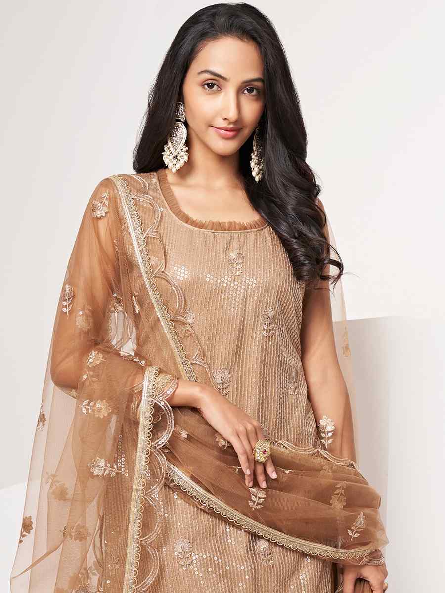 Brown Butterfly Net Embroidered Festival Wedding Pant Salwar Kameez