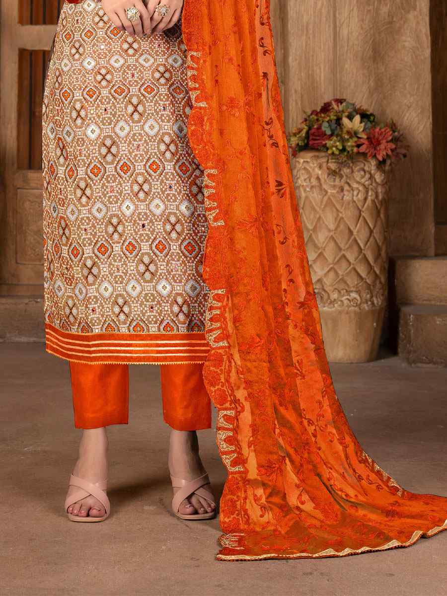 Brown Cambric Cotton Printed Casual Festival Pant Salwar Kameez