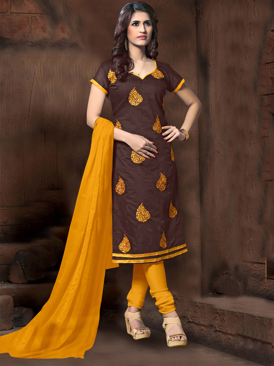 Brown Chanderi Cotton Printed Casual Festival Churidar Salwar Kameez