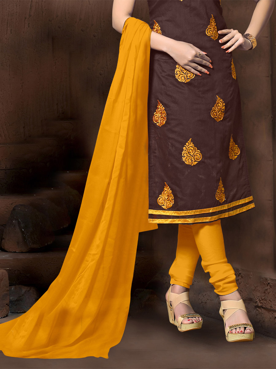 Brown Chanderi Cotton Printed Casual Festival Churidar Salwar Kameez