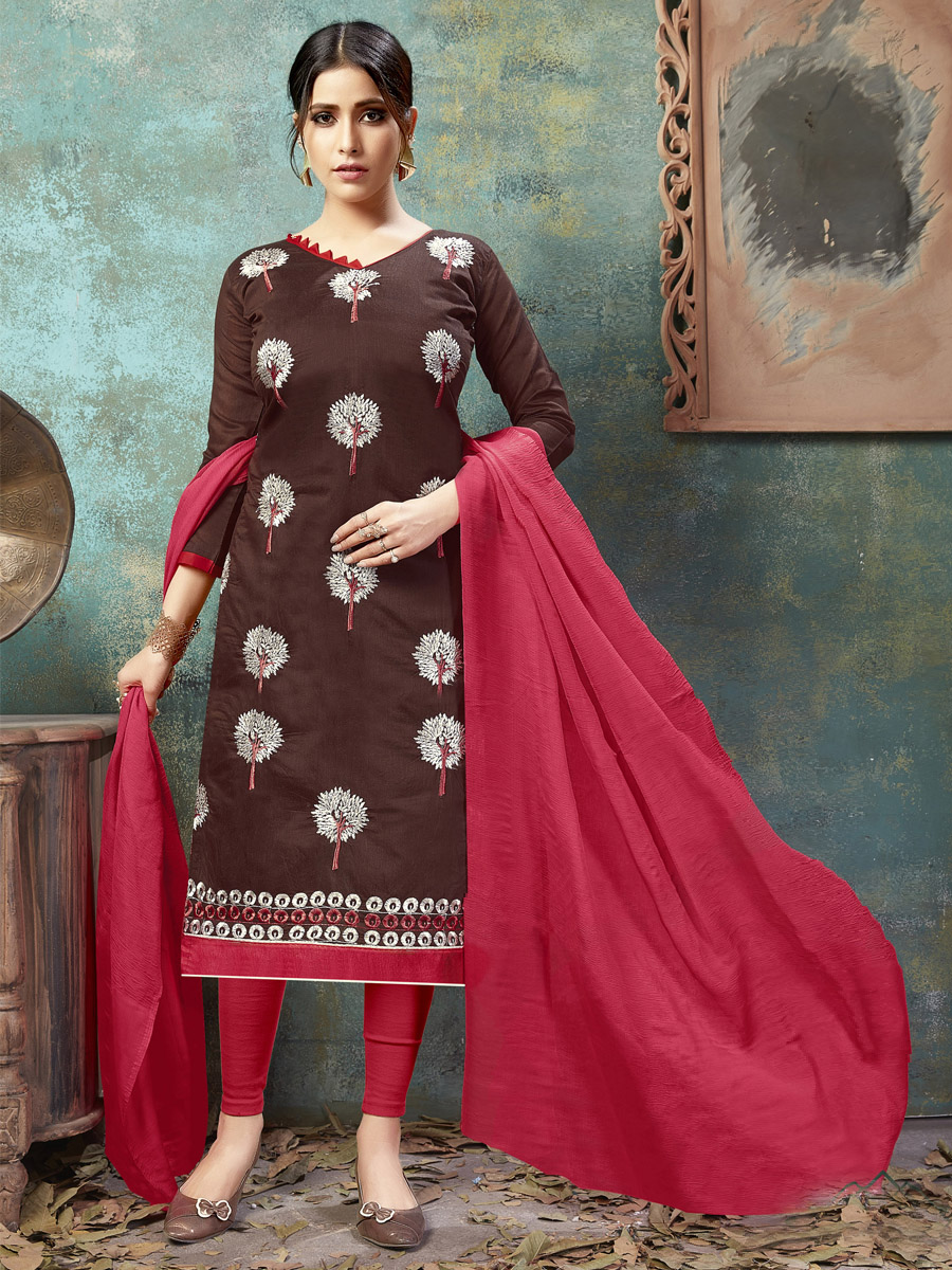Brown Chanderi Cotton Printed Casual Festival Churidar Salwar Kameez