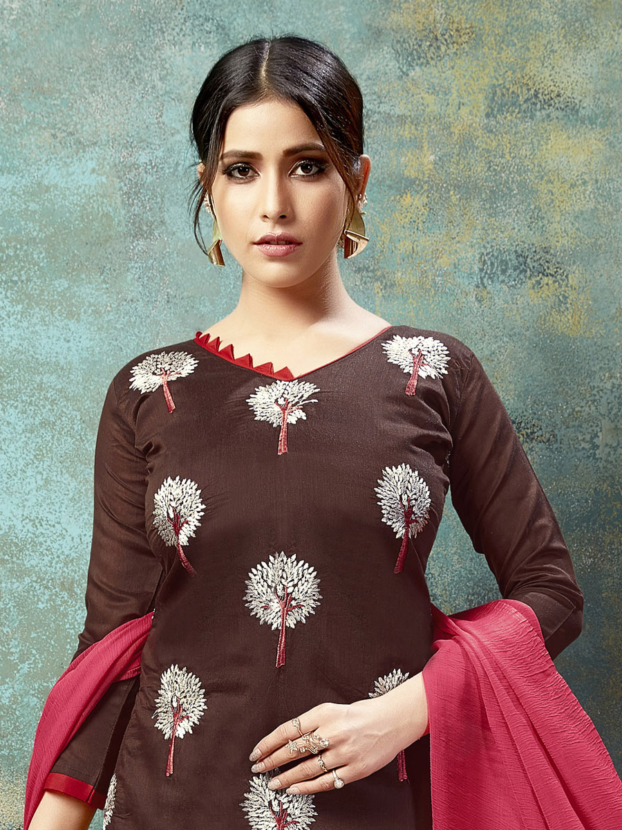 Brown Chanderi Cotton Printed Casual Festival Churidar Salwar Kameez