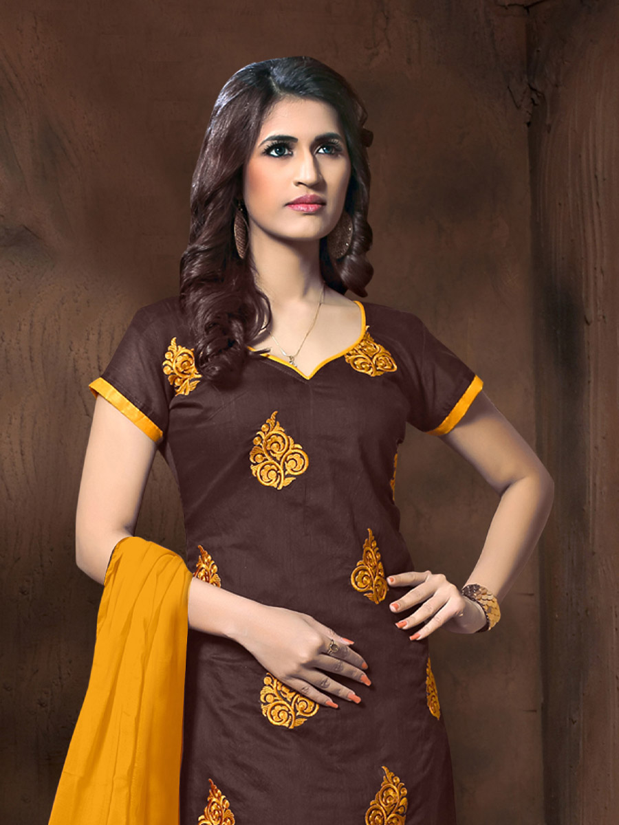 Brown Chanderi Cotton Printed Casual Festival Churidar Salwar Kameez