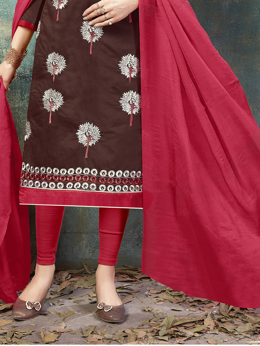 Brown Chanderi Cotton Printed Casual Festival Churidar Salwar Kameez