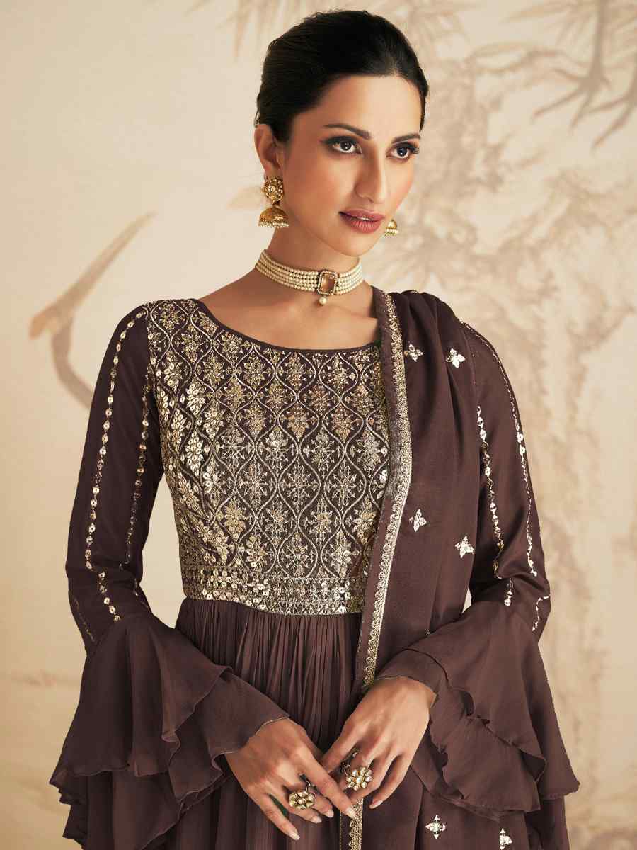 Brown Chinon Crub Embroidered Festival Wedding Palazzo Pant Salwar Kameez