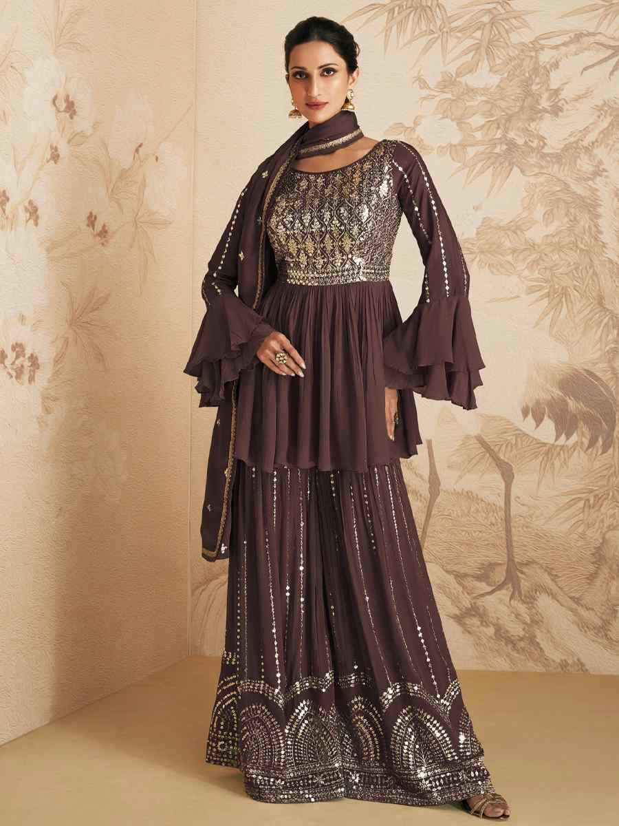 Brown Chinon Crub Embroidered Festival Wedding Palazzo Pant Salwar Kameez