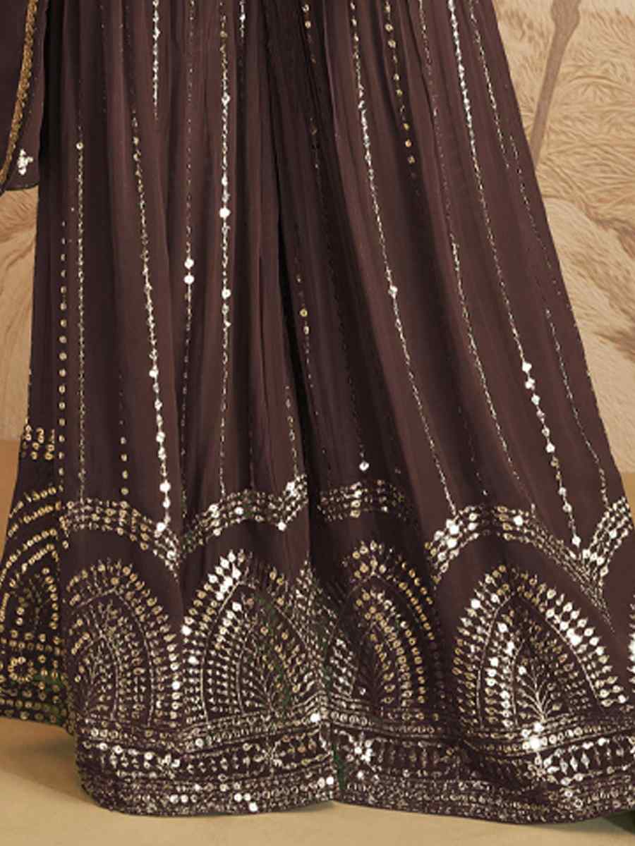 Brown Chinon Crub Embroidered Festival Wedding Palazzo Pant Salwar Kameez