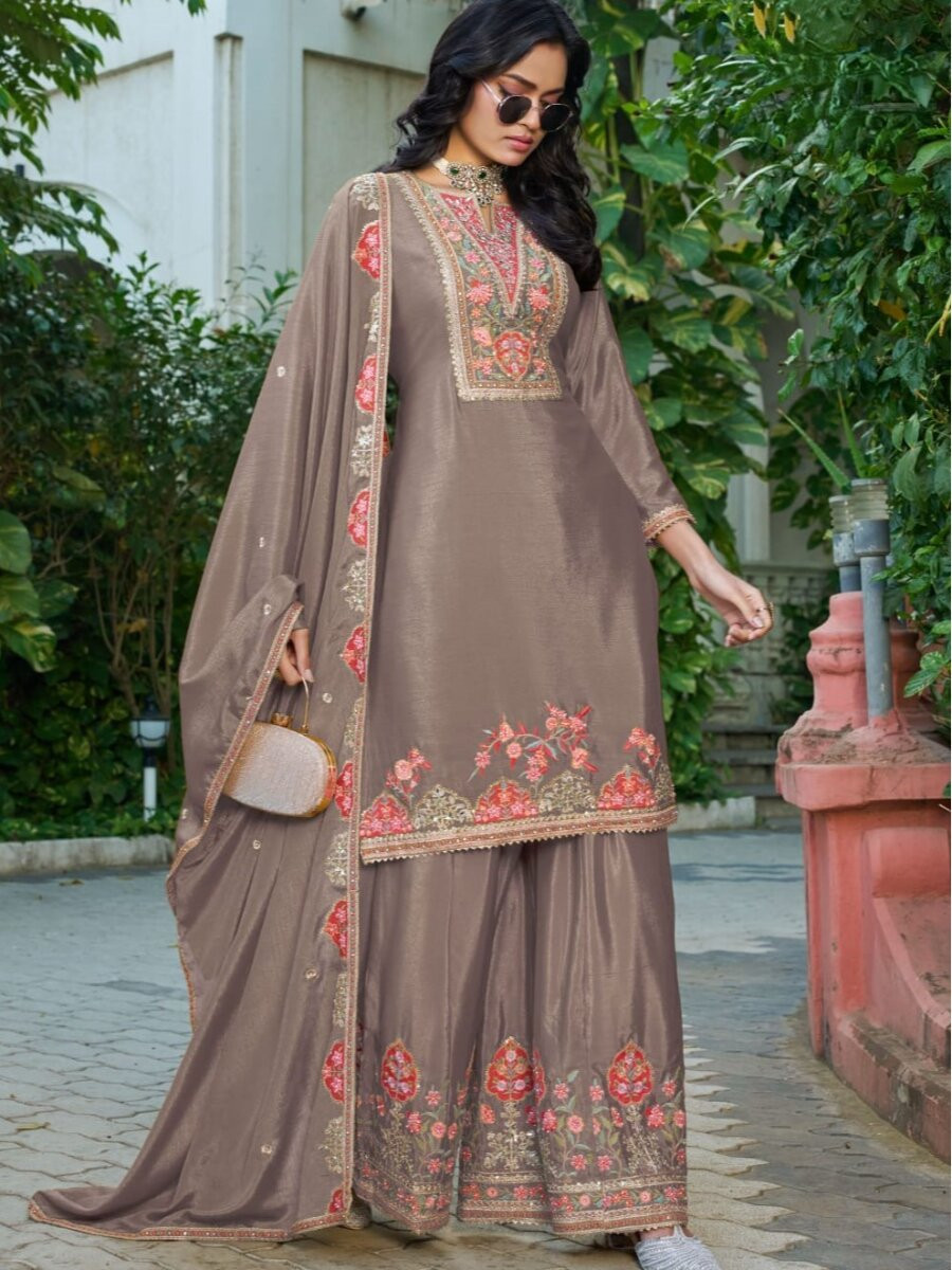 Brown Chinon Embroidery Sequins Wedding Party Festival Casual Ready Palazzo Pant Salwar Kameez