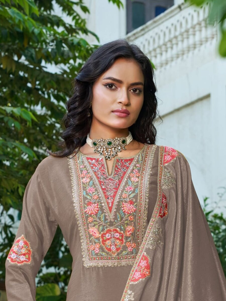 Brown Chinon Embroidery Sequins Wedding Party Festival Casual Ready Palazzo Pant Salwar Kameez