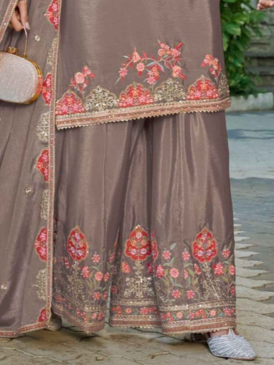 Brown Chinon Embroidery Sequins Wedding Party Festival Casual Ready Palazzo Pant Salwar Kameez