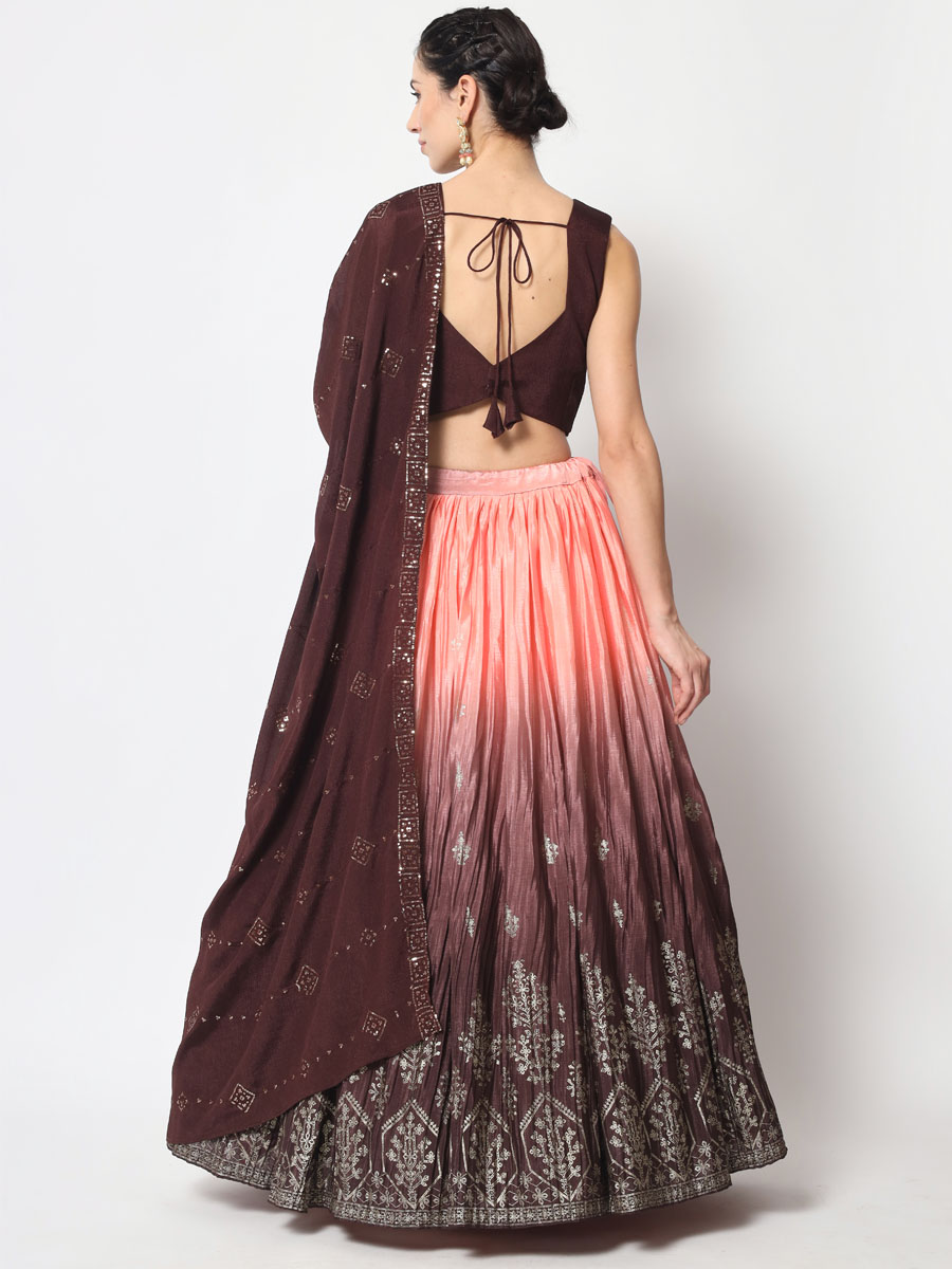 Brown Chinon Silk Embroidered Festival Party Wear Heavy Border Lehenga Choli