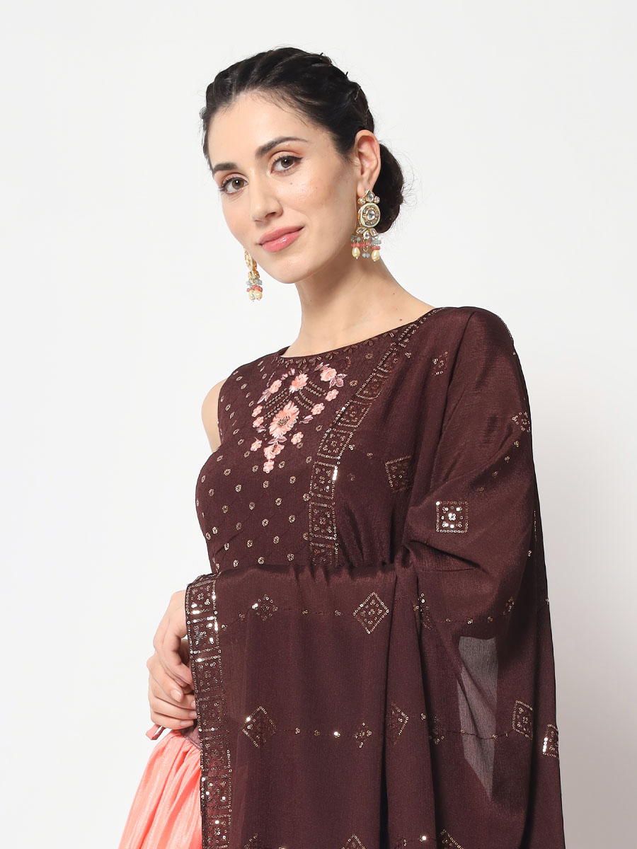 Brown Chinon Silk Embroidered Festival Party Wear Heavy Border Lehenga Choli