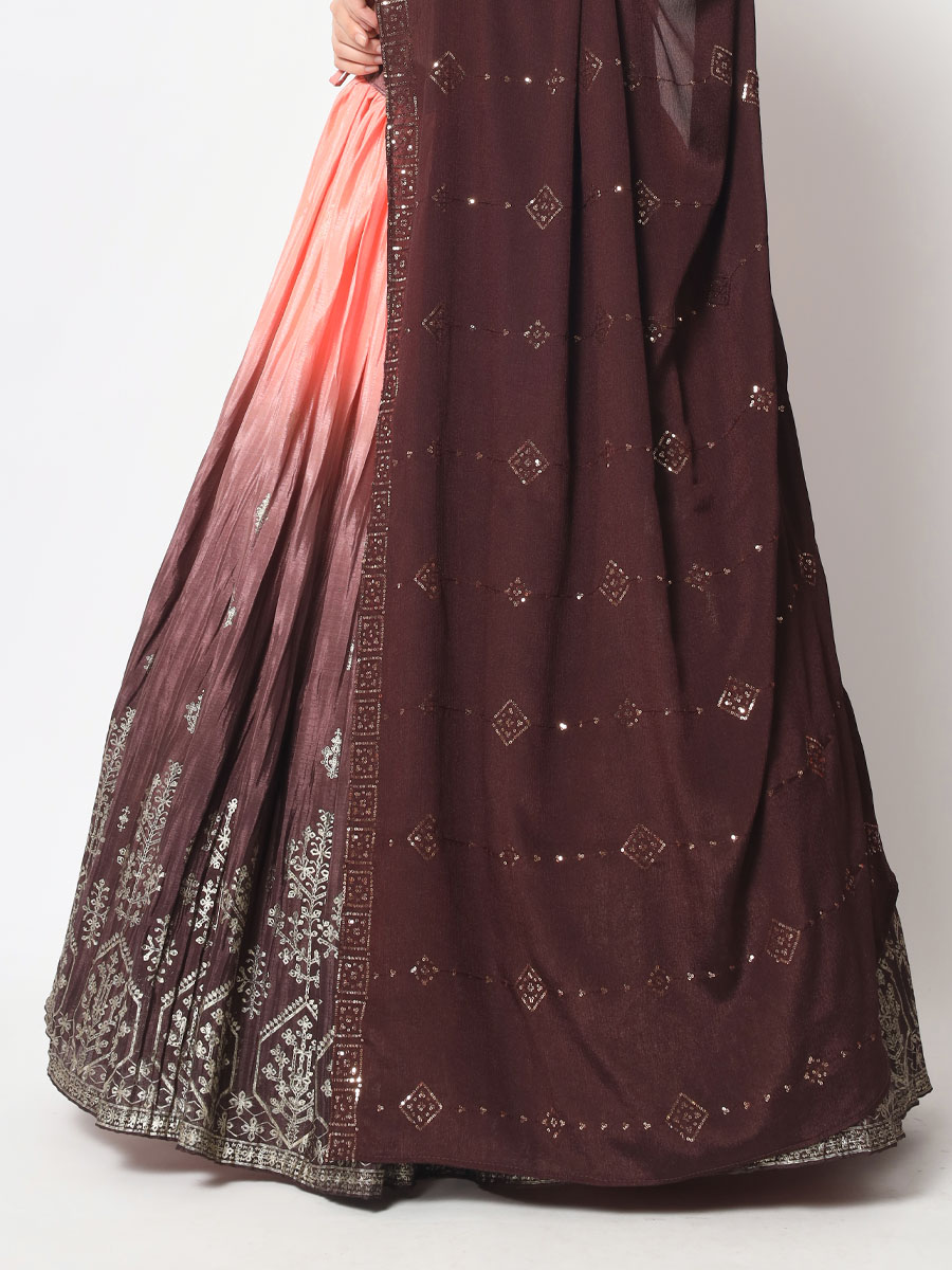 Brown Chinon Silk Embroidered Festival Party Wear Heavy Border Lehenga Choli