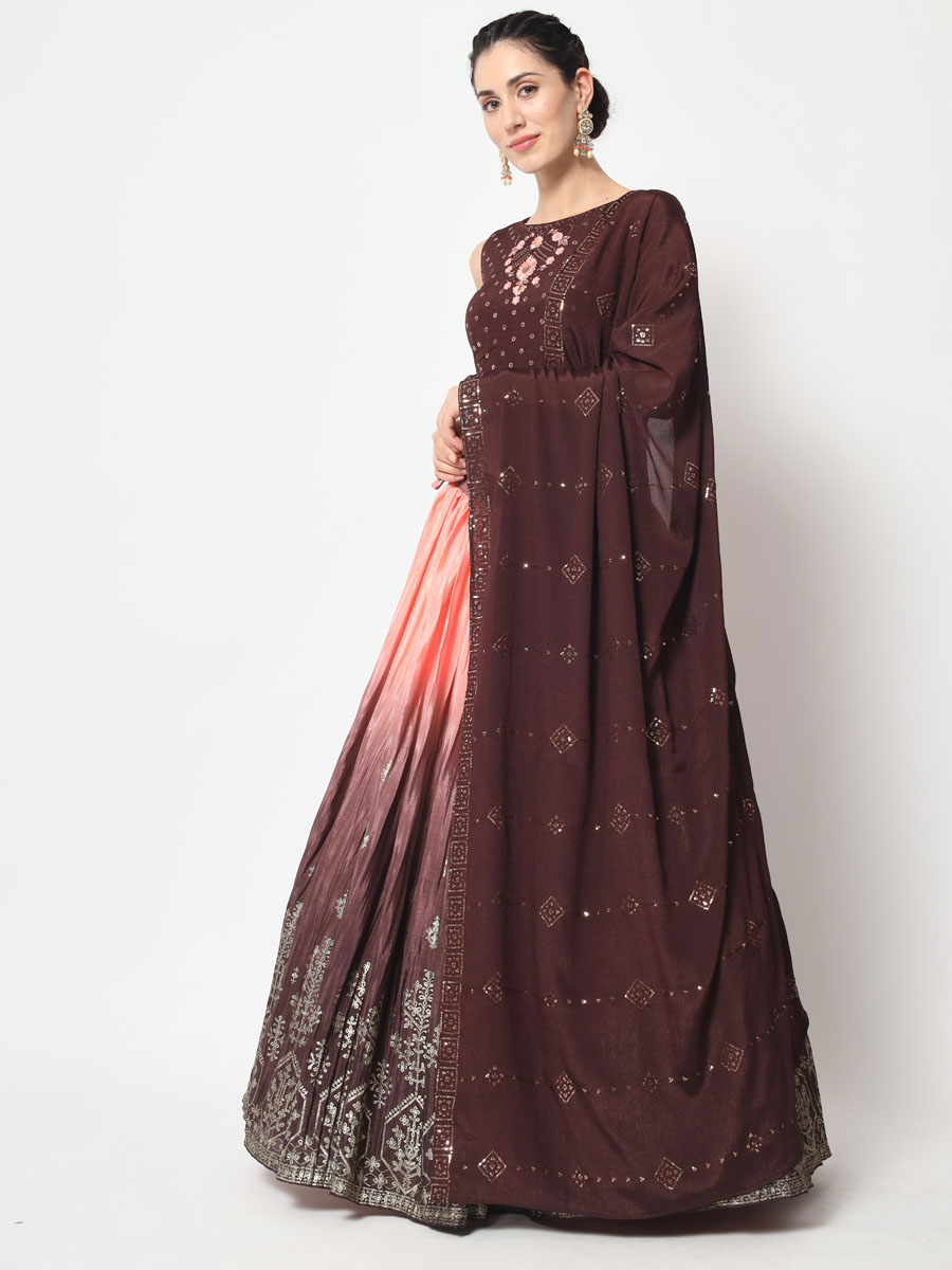 Brown Chinon Silk Embroidered Festival Party Wear Heavy Border Lehenga Choli