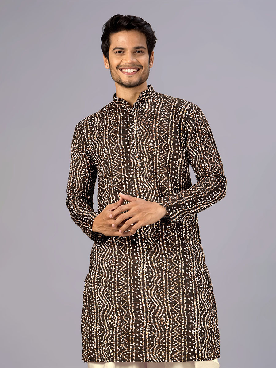 Brown Cotton Bandhani Printed Wedding Festival Party Wear Casual Mens Kurta