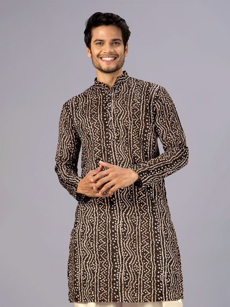 Image of Brown Cotton Bandhani Printed Wedding Festival Party Wear Casual Mens Kurta