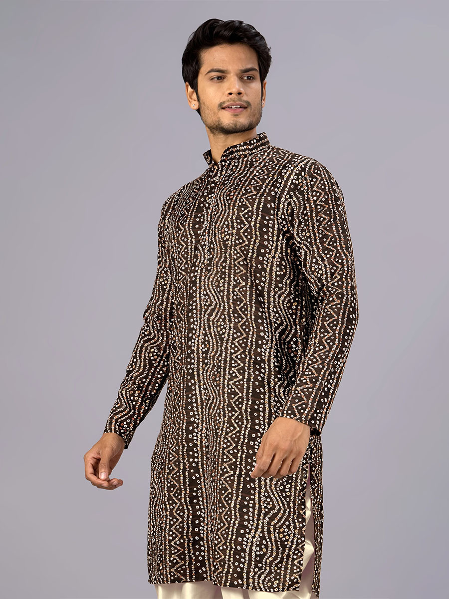 Brown Cotton Bandhani Printed Wedding Festival Party Wear Casual Mens Kurta