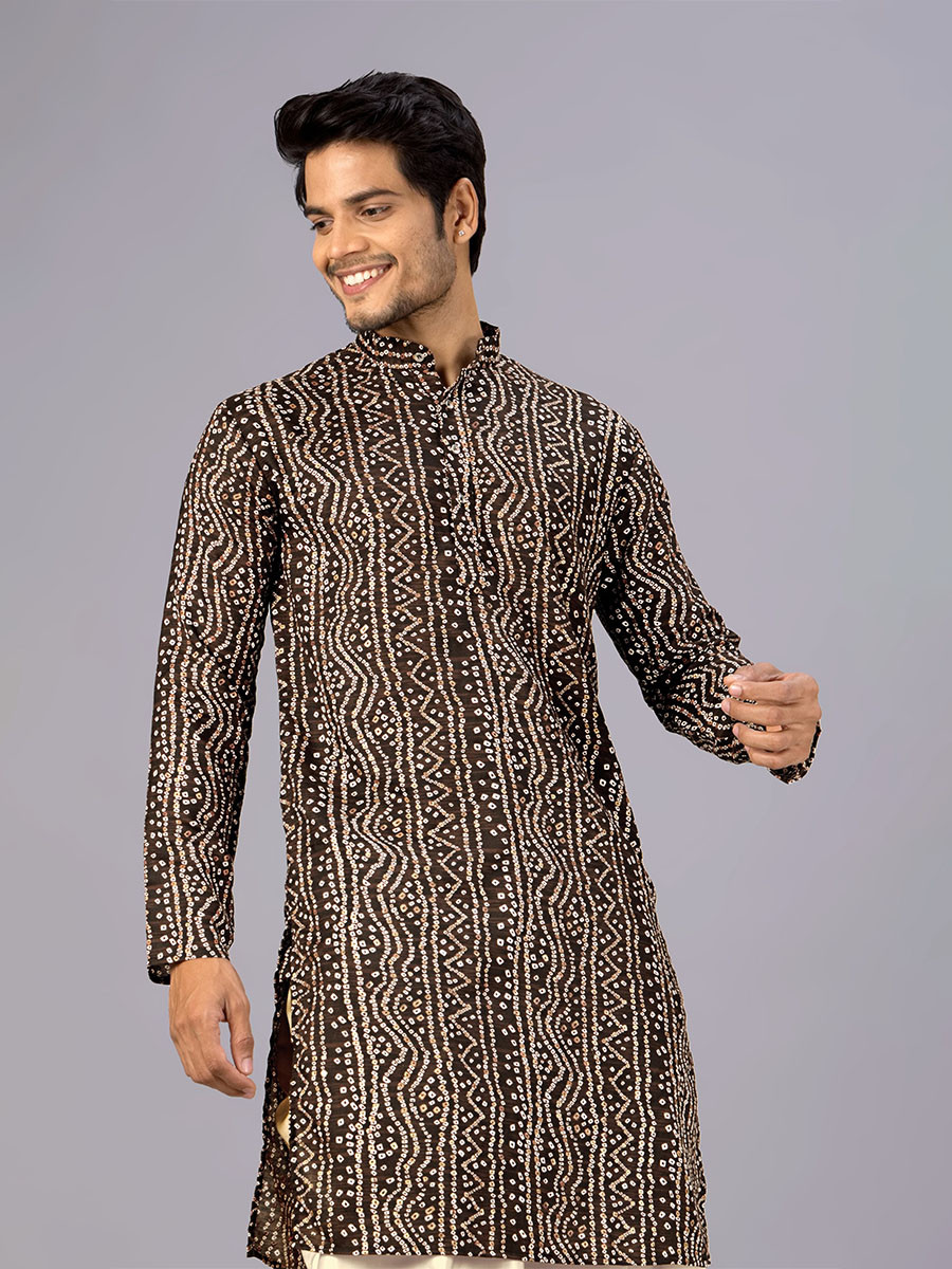 Brown Cotton Bandhani Printed Wedding Festival Party Wear Casual Mens Kurta
