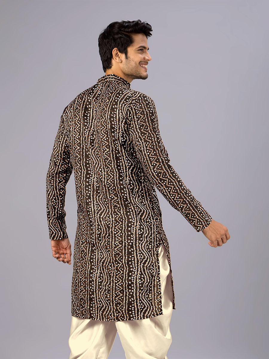 Brown Cotton Bandhani Printed Wedding Festival Party Wear Casual Mens Kurta