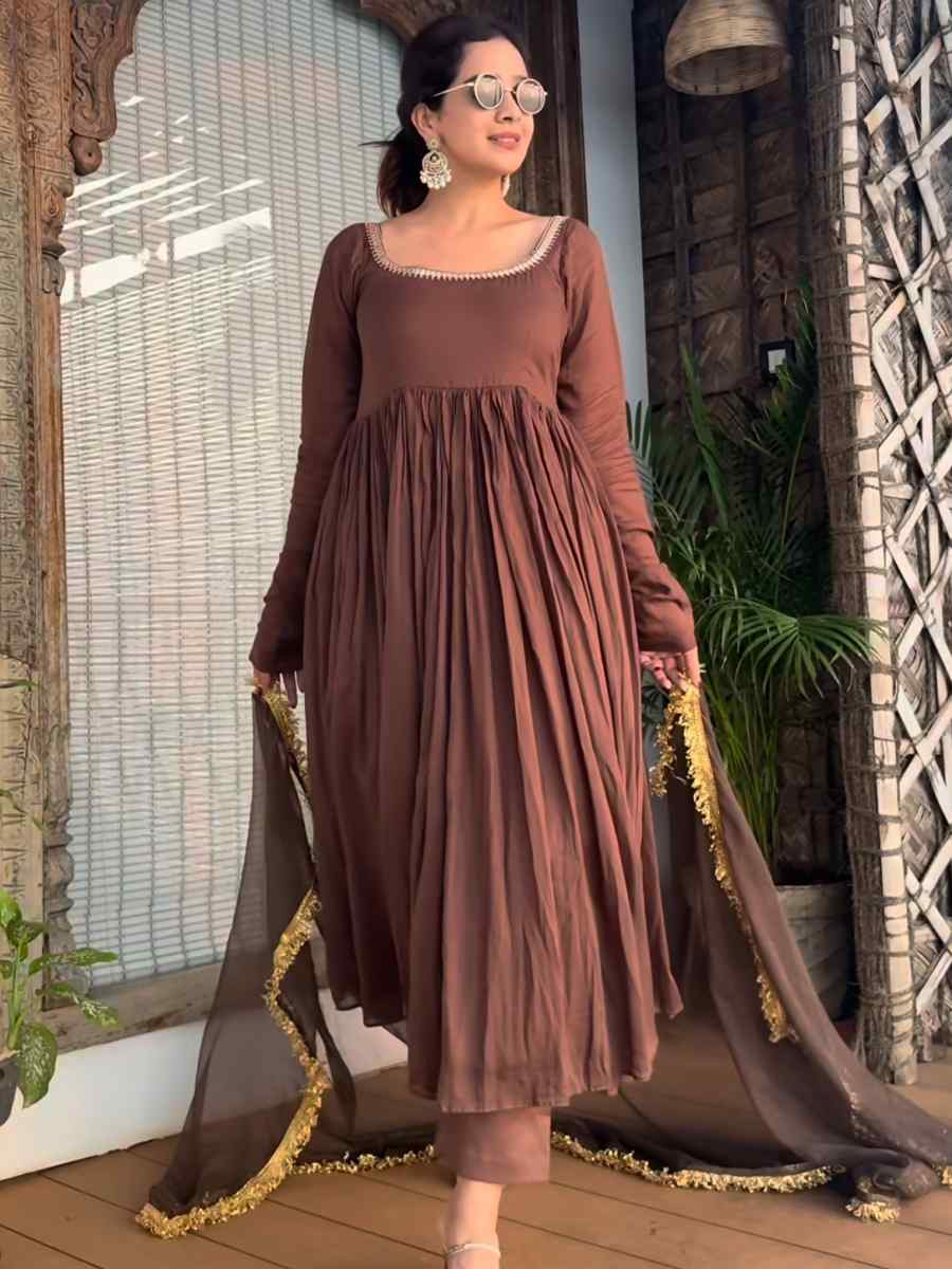 Brown Cotton Embroidered Festival Casual Ready Pant Salwar Kameez