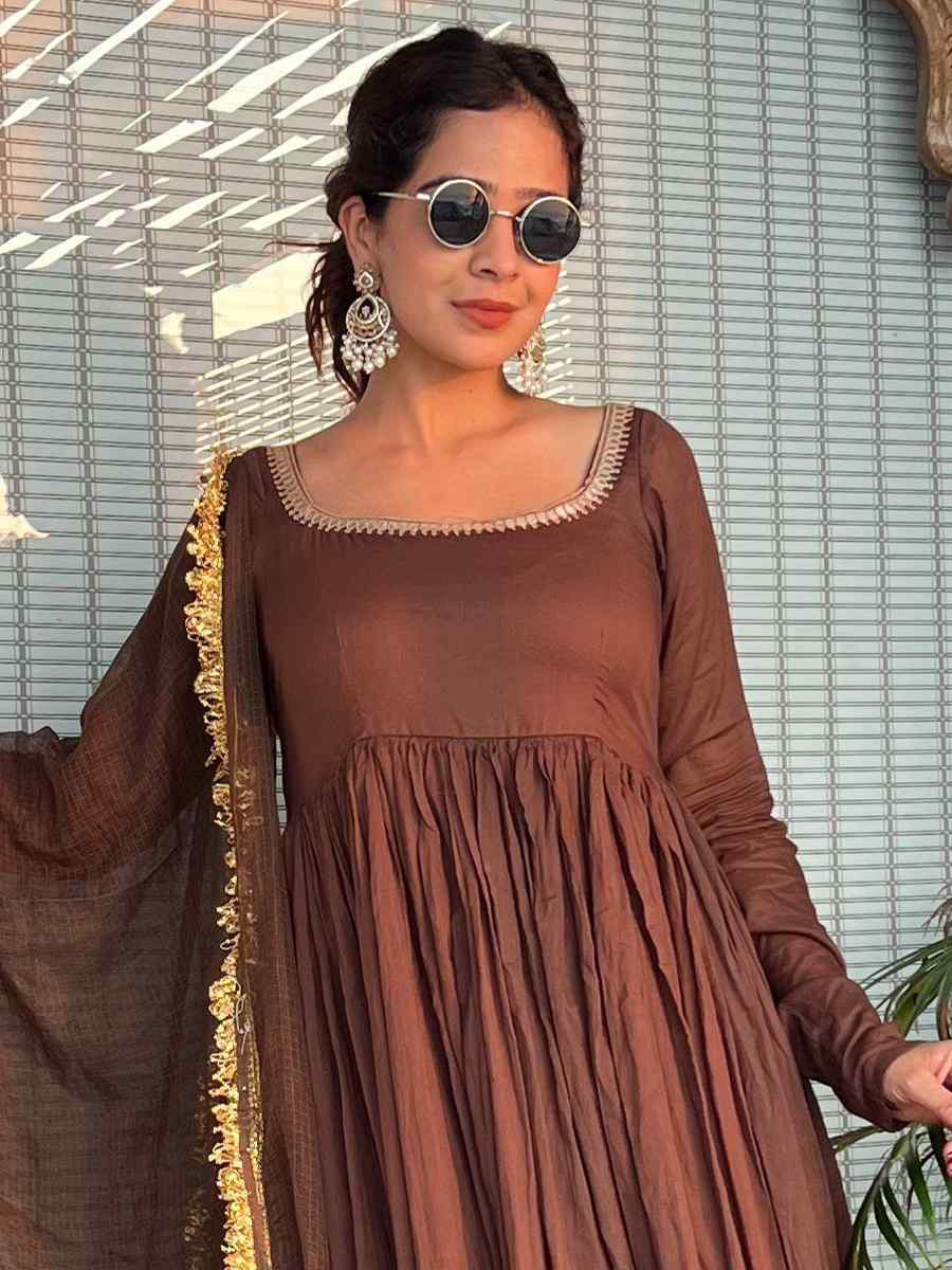 Brown Cotton Embroidered Festival Casual Ready Pant Salwar Kameez