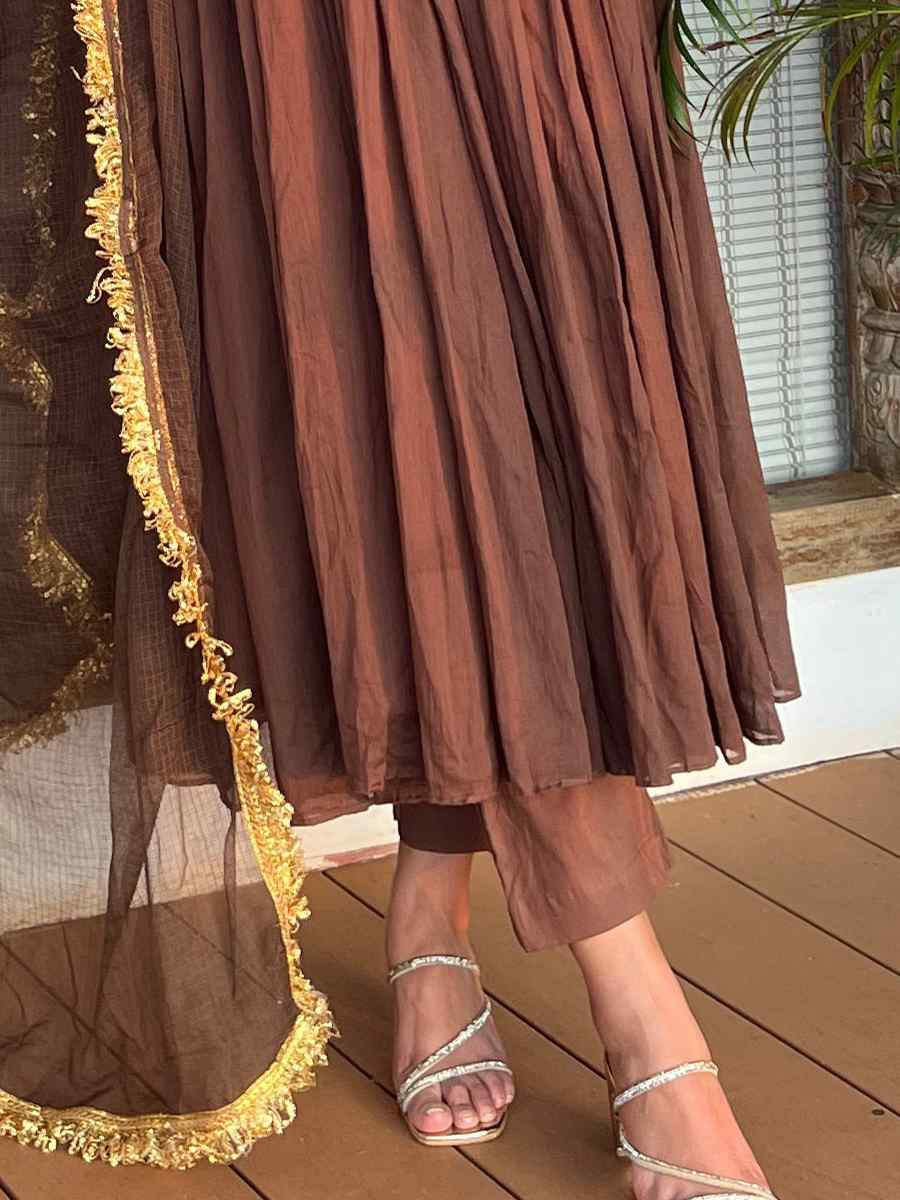 Brown Cotton Embroidered Festival Casual Ready Pant Salwar Kameez