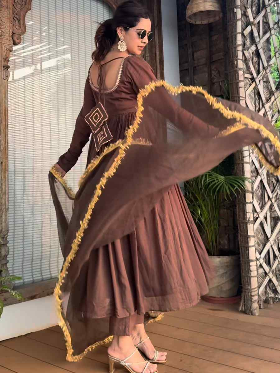 Brown Cotton Embroidered Festival Casual Ready Pant Salwar Kameez