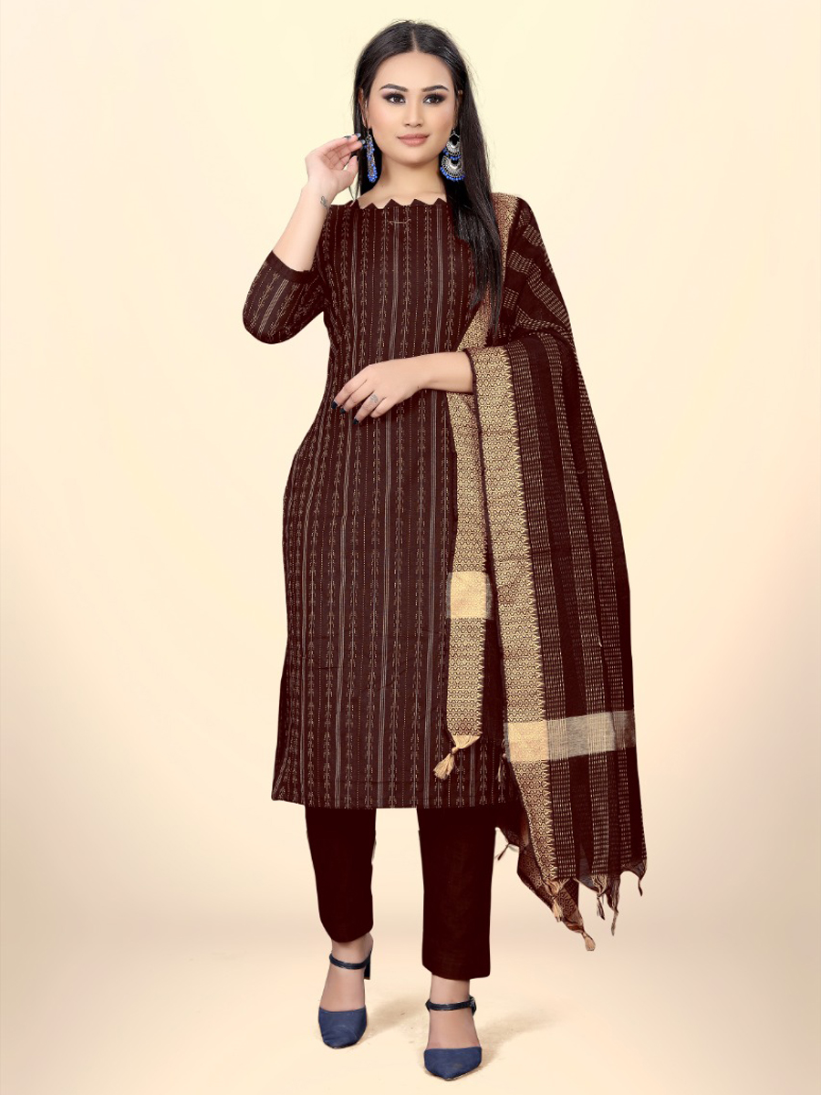 Brown Cotton Jacquard Printed Casual Festival Pant Salwar Kameez