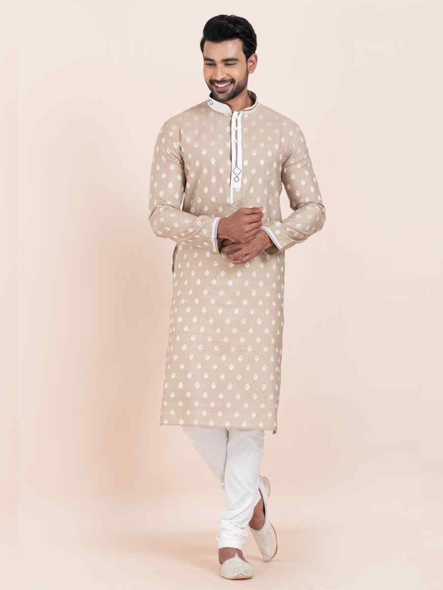 Brown Cotton Jacquard Printed Festival Wedding Kurta Pyjama Men039s Wear