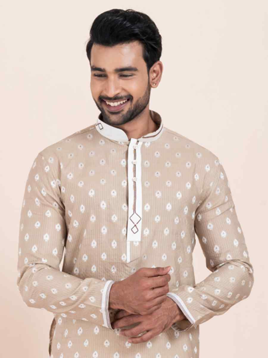 Brown Cotton Jacquard Printed Festival Wedding Kurta Pyjama Men039s Wear