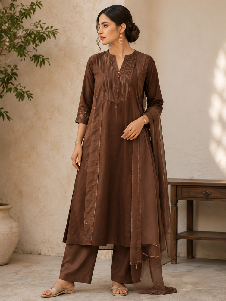 Image of Brown Cotton Plain Wedding Party Festival Casual Ready Palazzo Pant Salwar Kameez