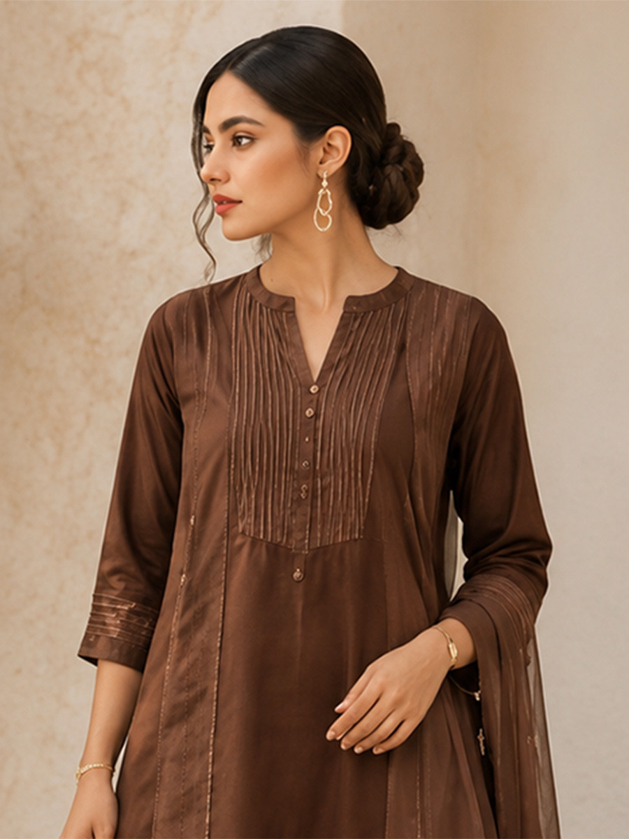 Brown Cotton Plain Wedding Party Festival Casual Ready Palazzo Pant Salwar Kameez
