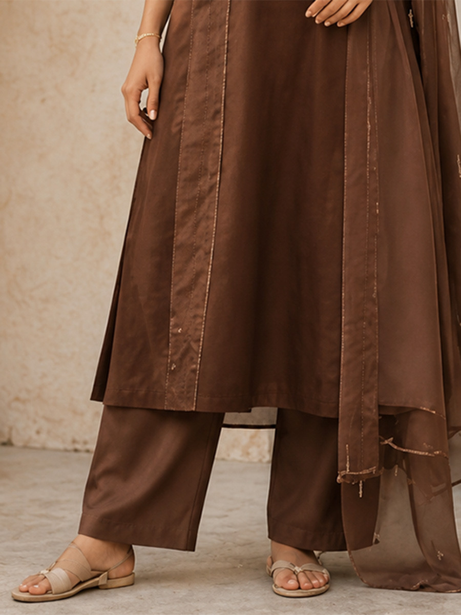 Brown Cotton Plain Wedding Party Festival Casual Ready Palazzo Pant Salwar Kameez