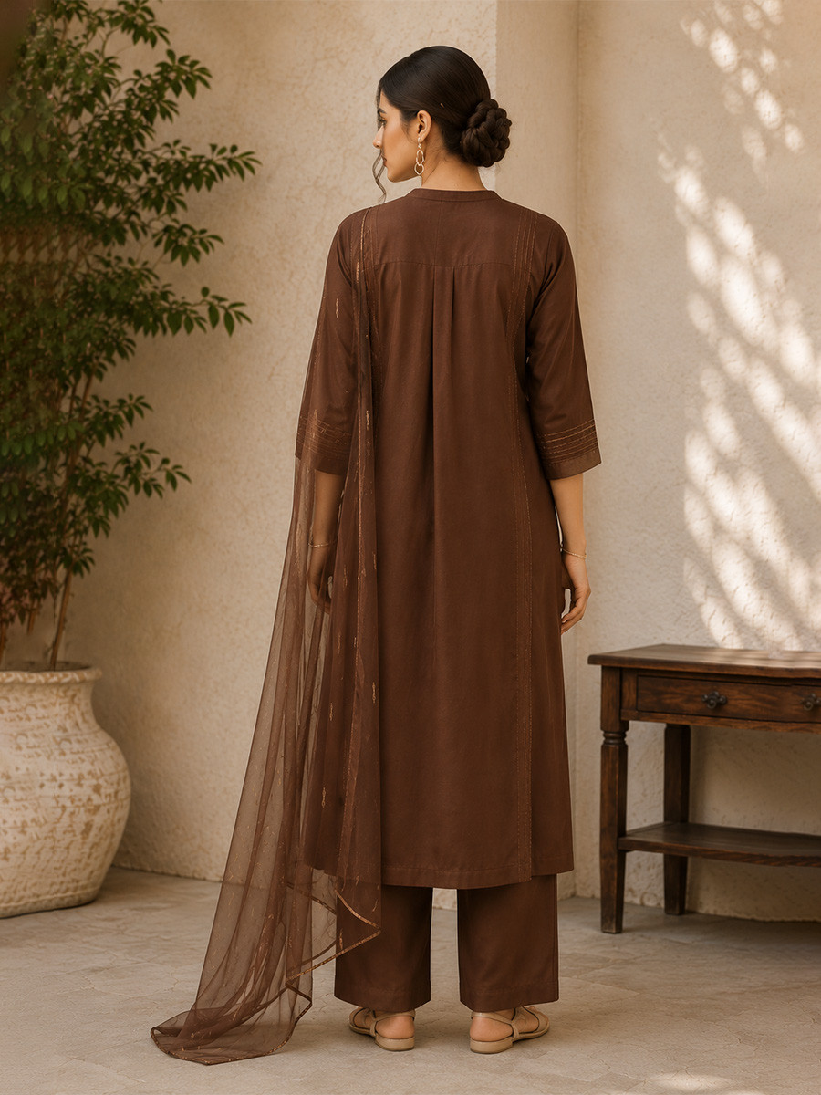 Brown Cotton Plain Wedding Party Festival Casual Ready Palazzo Pant Salwar Kameez