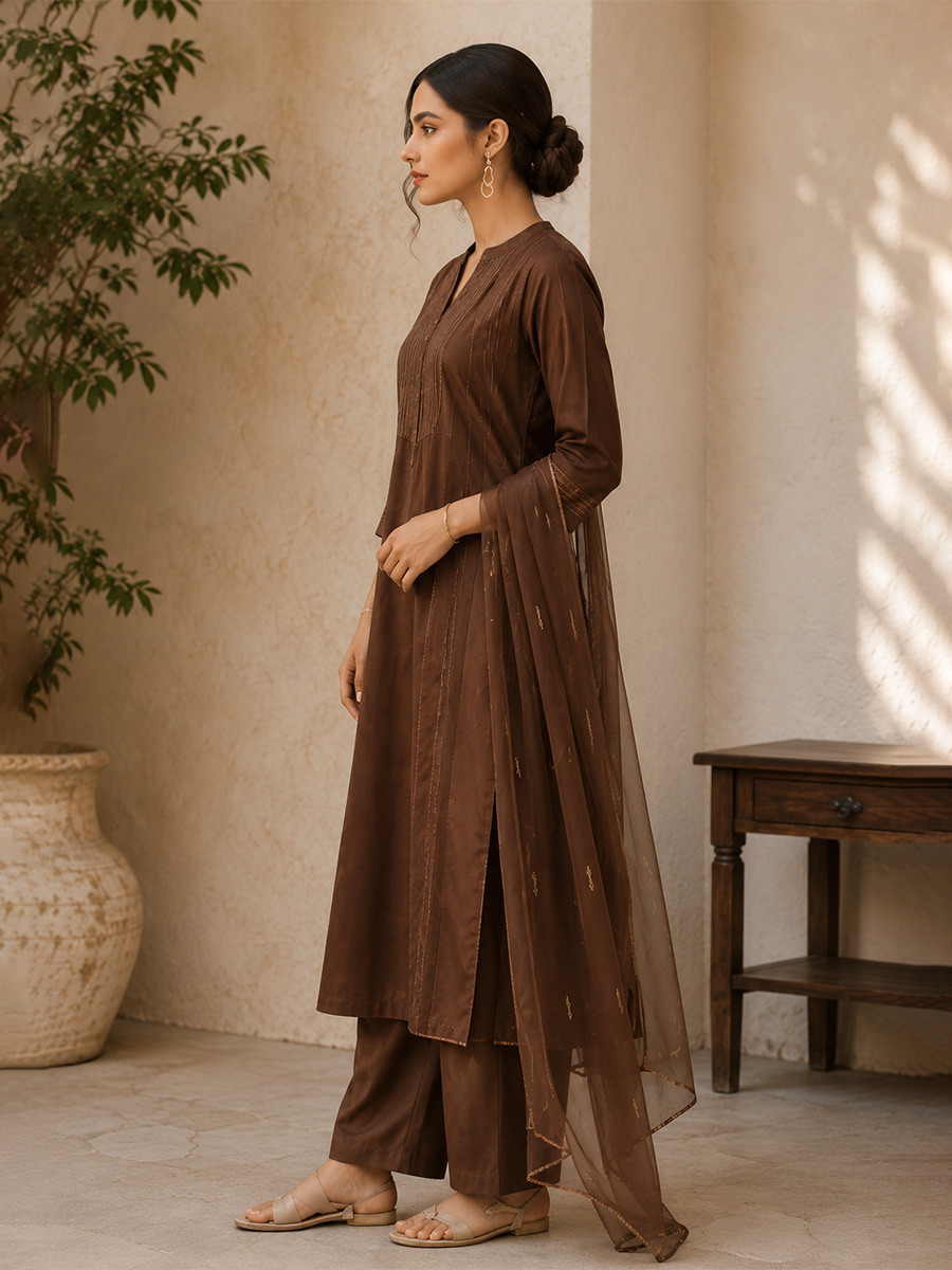 Brown Cotton Plain Wedding Party Festival Casual Ready Palazzo Pant Salwar Kameez