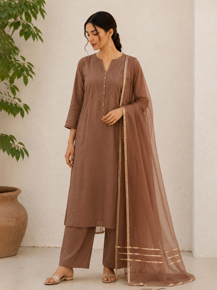 Image of Brown Cotton Plain Wedding Party Festival Casual Ready Palazzo Pant Salwar Kameez