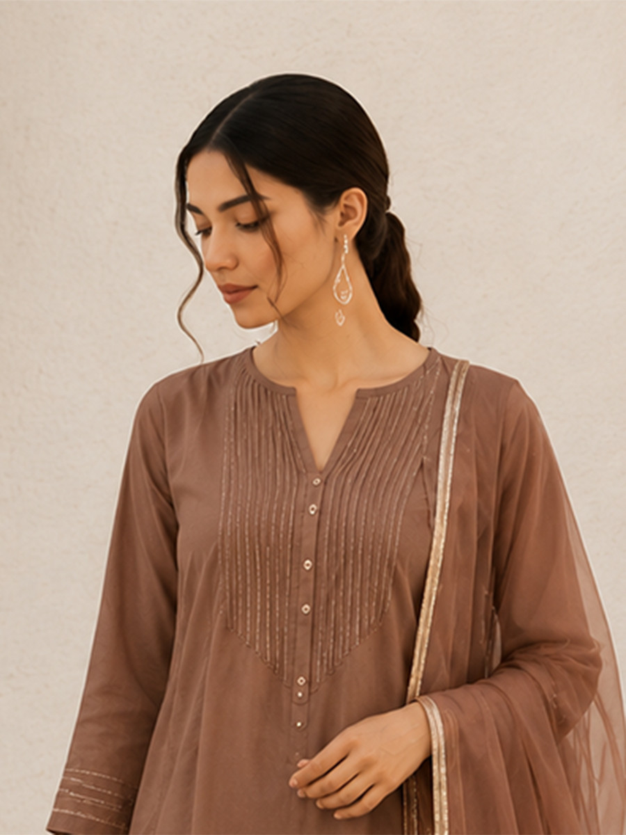 Brown Cotton Plain Wedding Party Festival Casual Ready Palazzo Pant Salwar Kameez