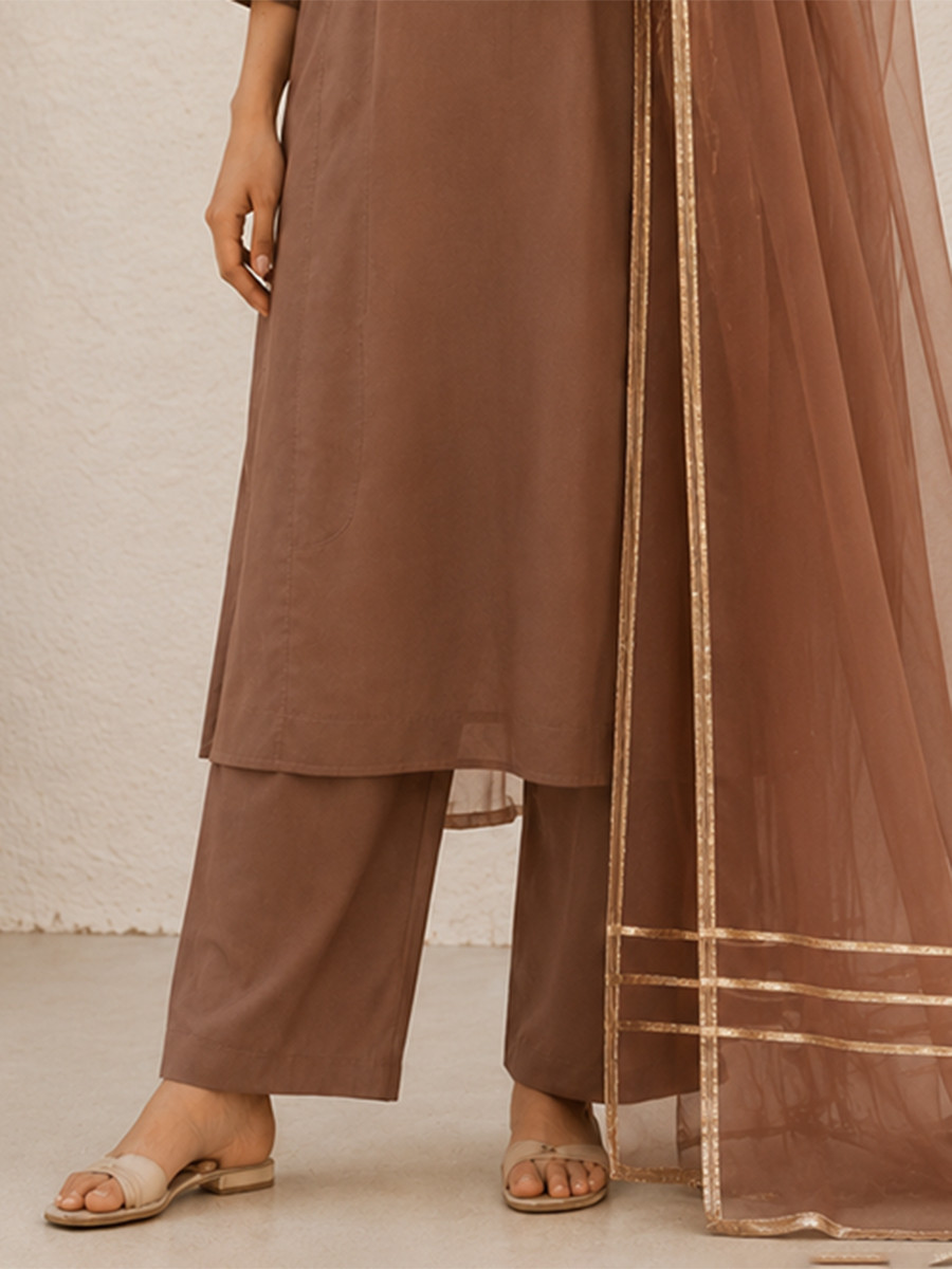 Brown Cotton Plain Wedding Party Festival Casual Ready Palazzo Pant Salwar Kameez