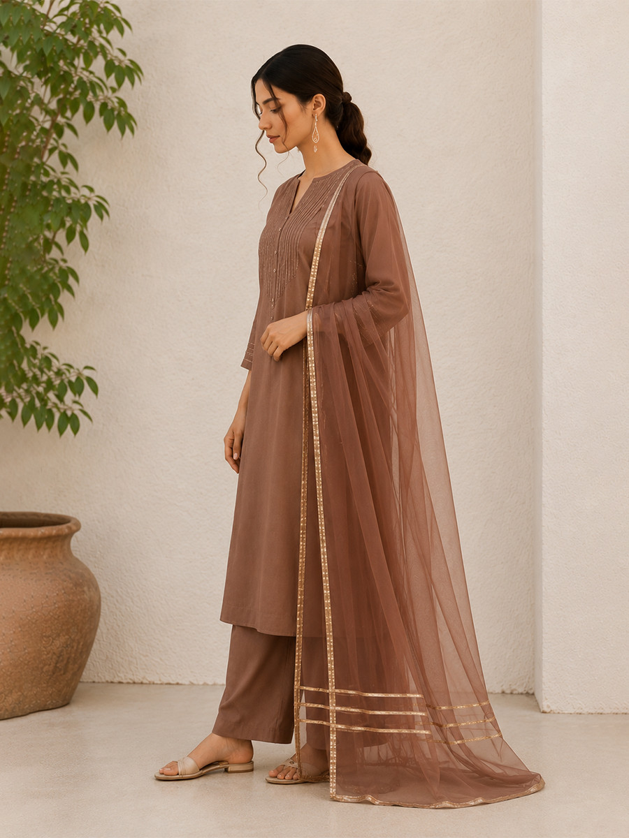 Brown Cotton Plain Wedding Party Festival Casual Ready Palazzo Pant Salwar Kameez