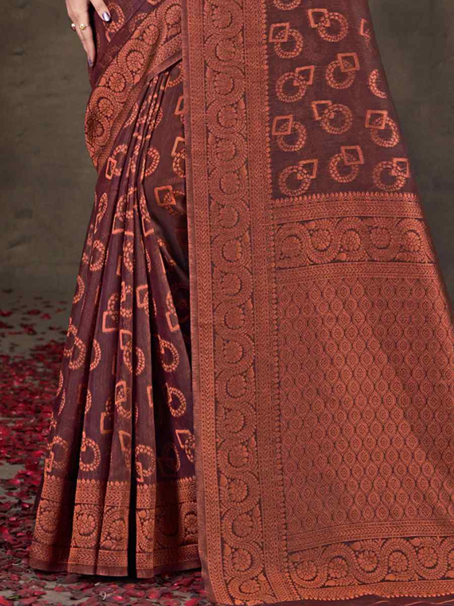 Brown Cotton Printed Casual Festival Contemporary Saree