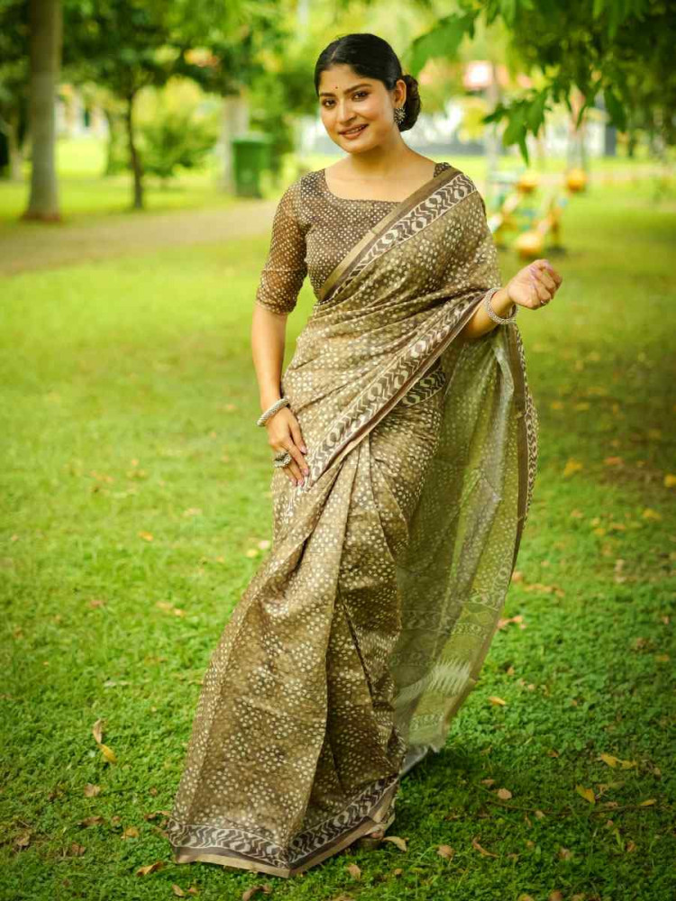 Image of Brown Cotton Printed Casual Reception Festival Wedding Fancy Classic Style Sarees