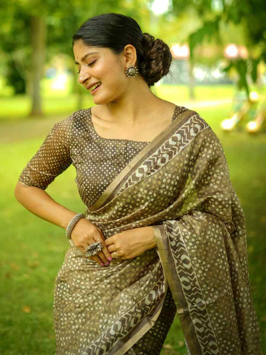 Brown Cotton Printed Casual Reception Festival Wedding Fancy Classic Style Sarees