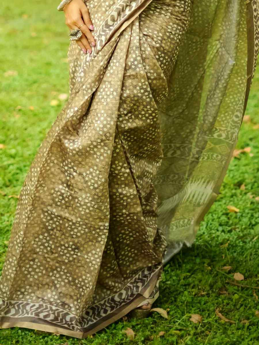 Brown Cotton Printed Casual Reception Festival Wedding Fancy Classic Style Sarees